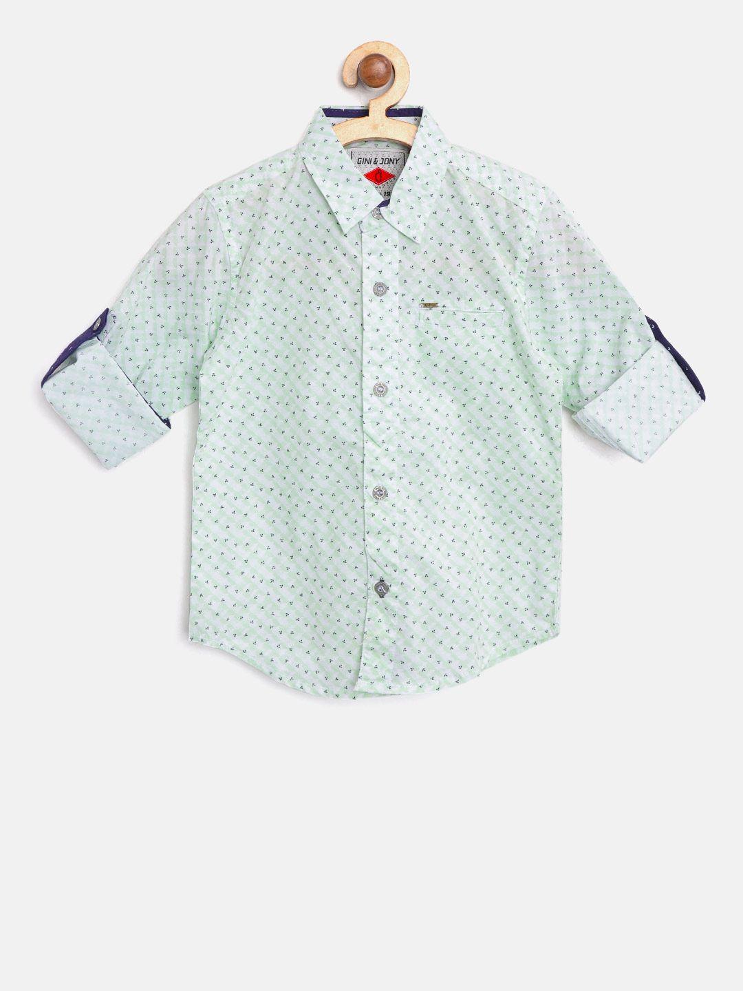 gini and jony boys mint green & off-white regular fit printed casual shirt