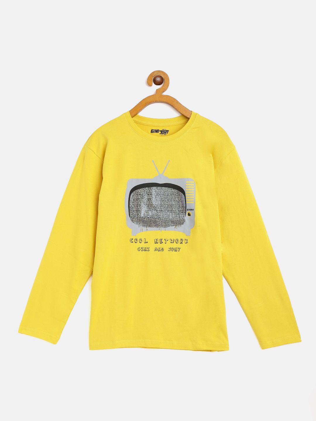 gini and jony boys mustard yellow & grey graphic print cotton t-shirt