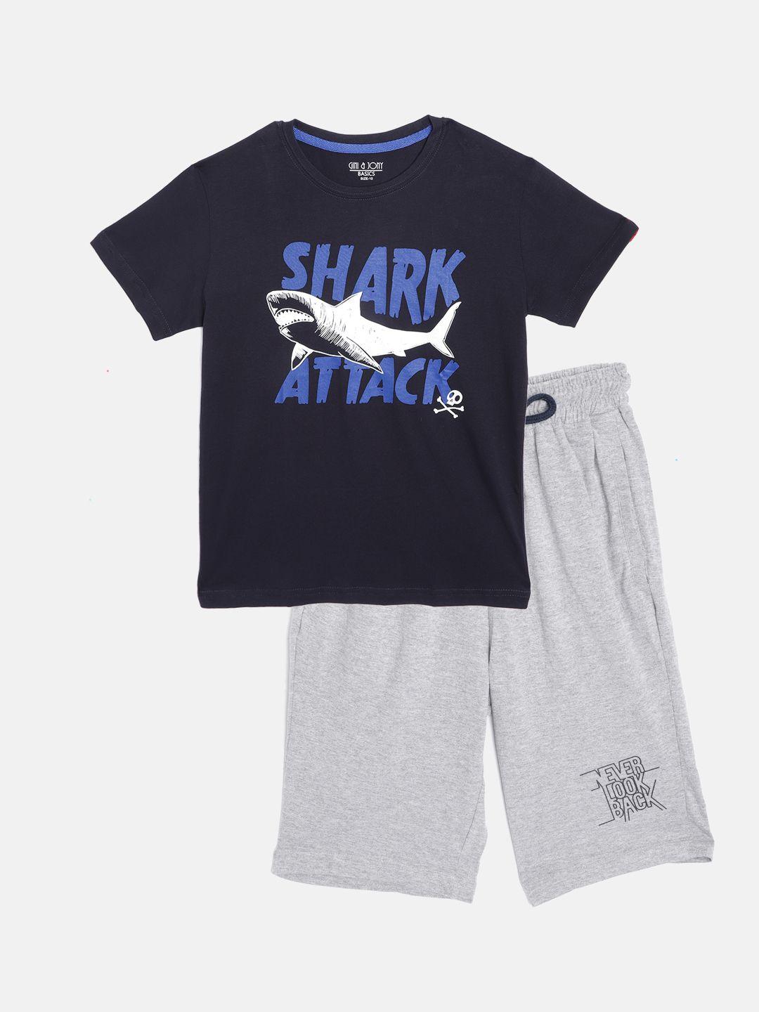 gini and jony boys navy blue & grey melange pure cotton printed t-shirt & solid shorts