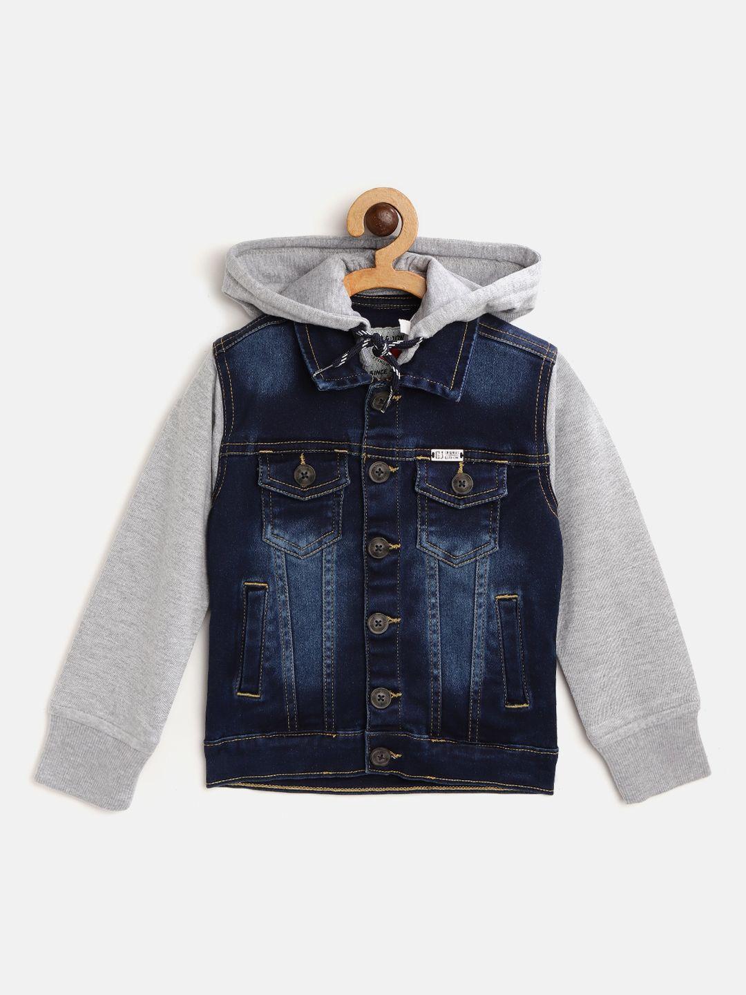 gini and jony boys navy blue & grey melange washed denim jacket with detachable hood