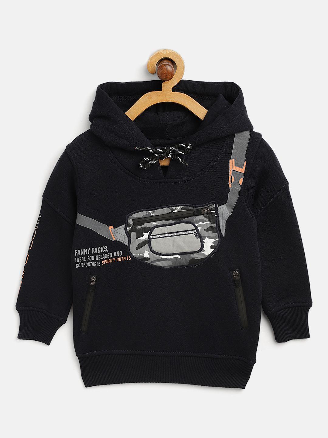 gini and jony boys navy blue & grey printed hooded sweatshirt