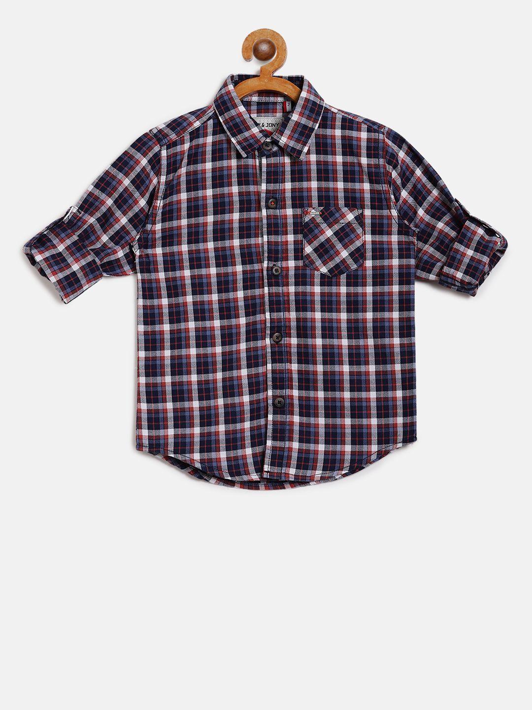 gini and jony boys navy blue & rust red regular fit checked casual shirt