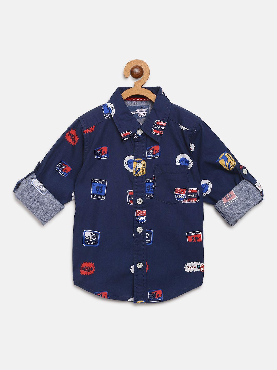gini and jony boys navy blue & white printed  regular fit casual shirt