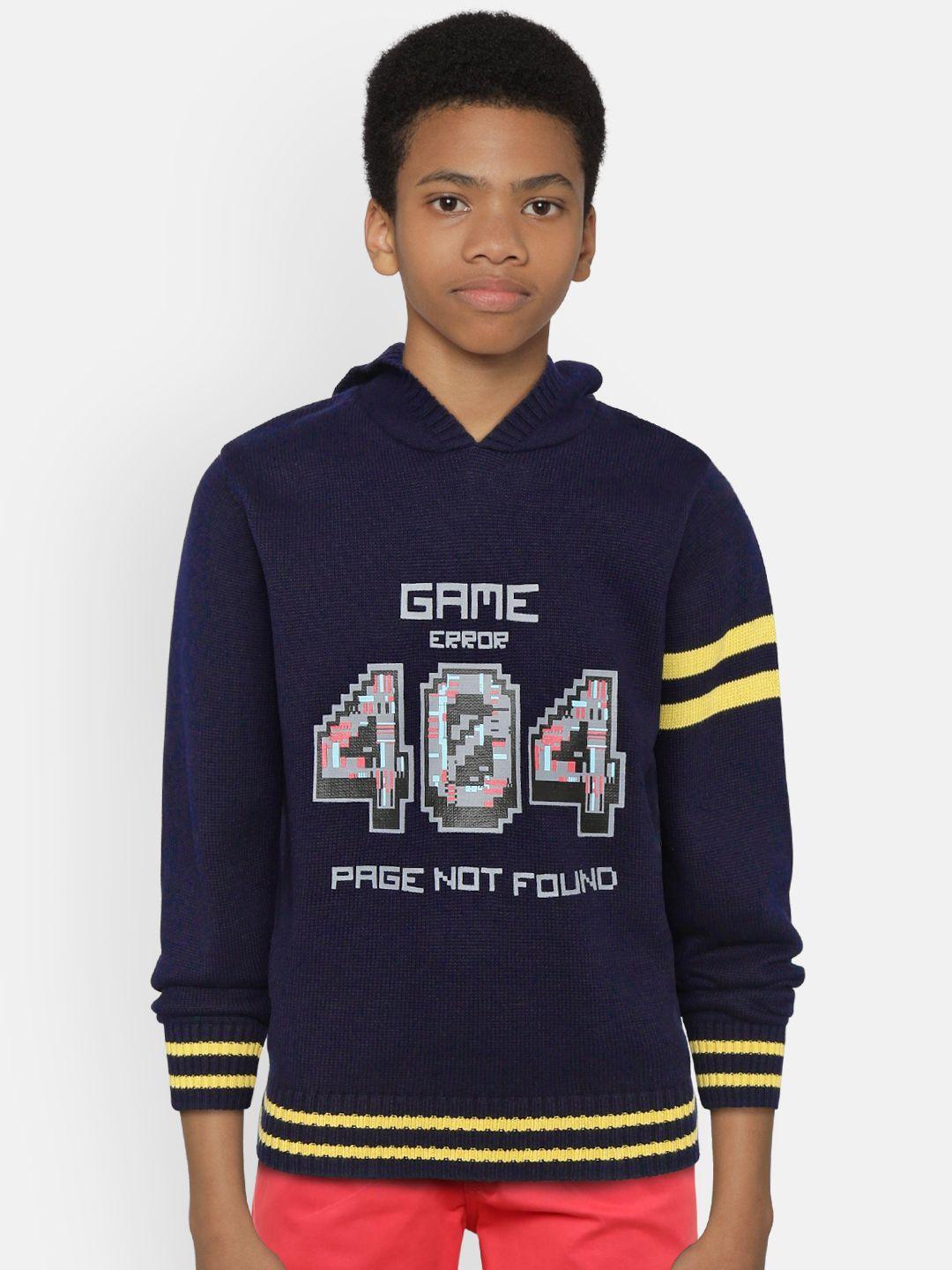 gini and jony boys navy blue printed hooded pullover