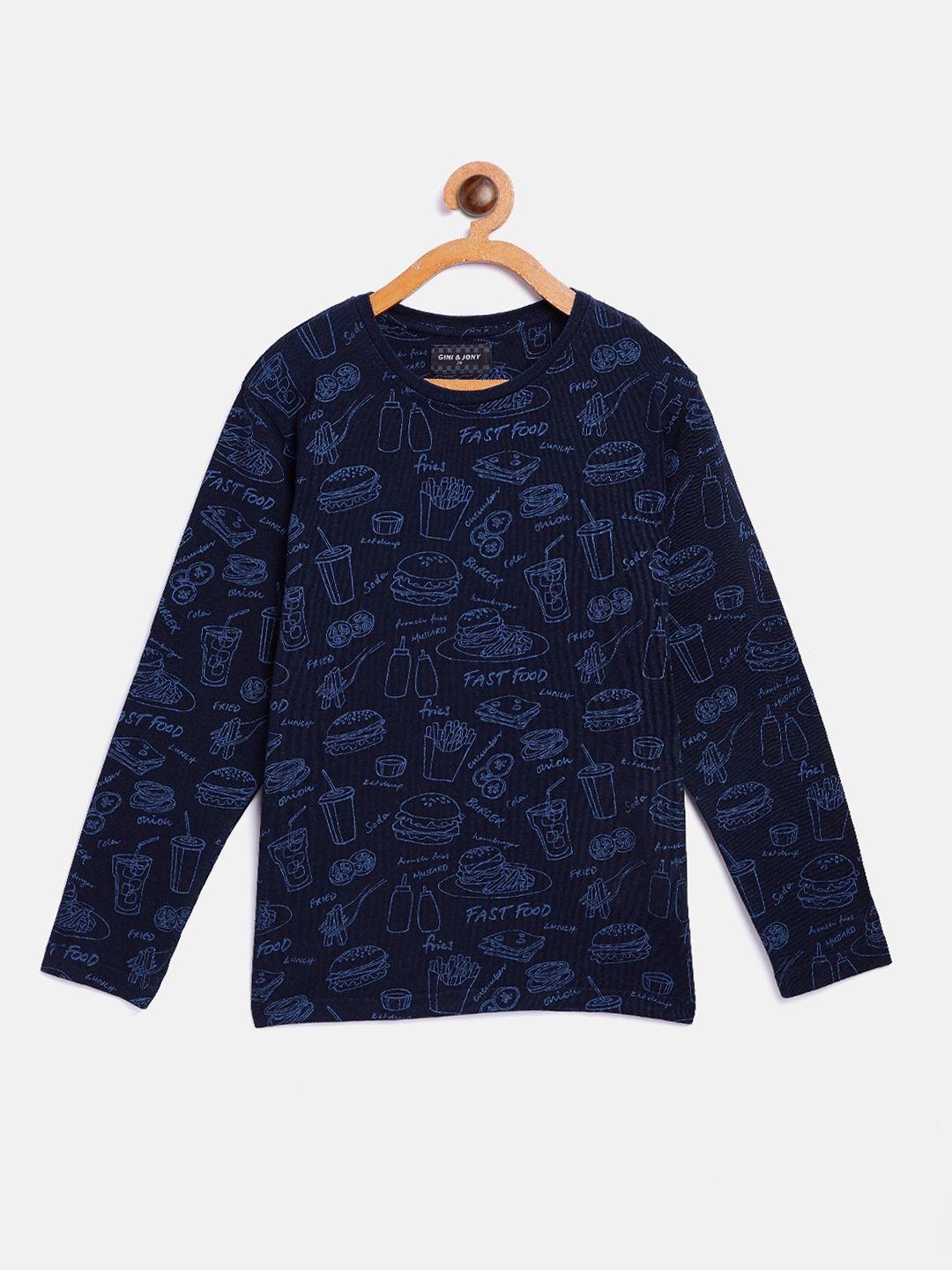 gini and jony boys navy blue printed round neck t-shirt