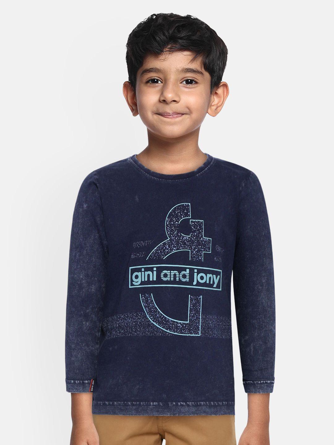 gini and jony boys navy blue pure cotton brand logo printed round neck pure cotton t-shirt