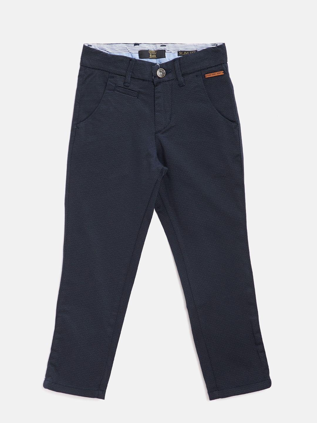 gini and jony boys navy blue slim fit printed regular trousers