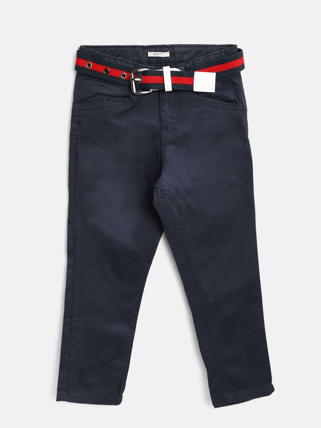 gini and jony boys navy blue slim fit solid regular trousers