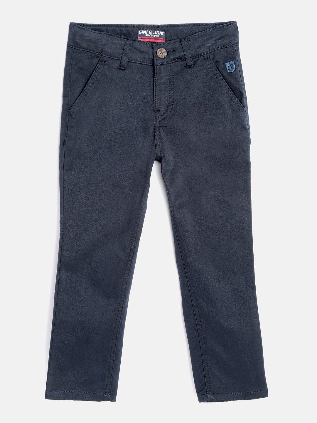 gini and jony boys navy blue solid mid-rise trousers