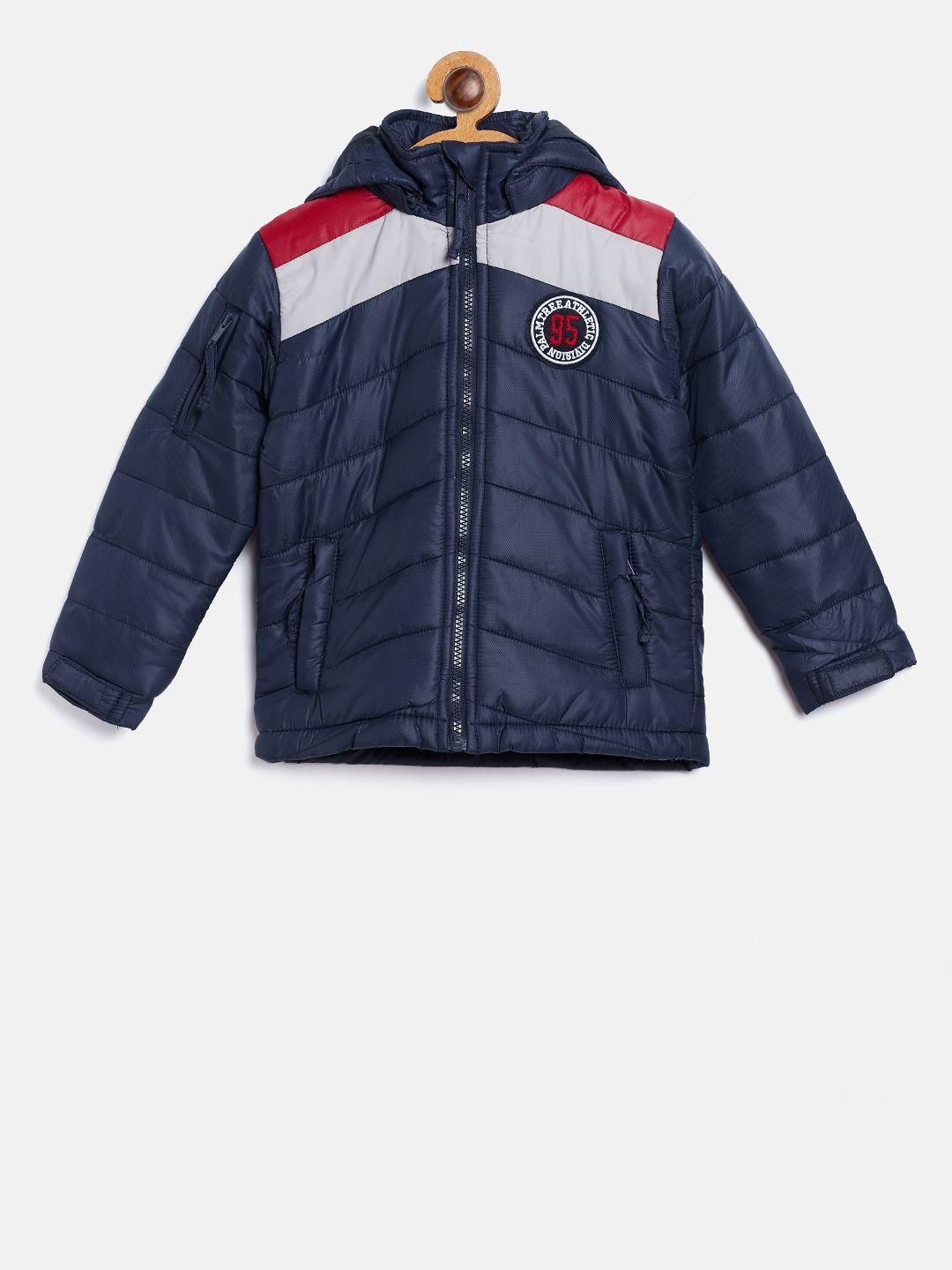 gini and jony boys navy blue solid padded jacket with detachable hood