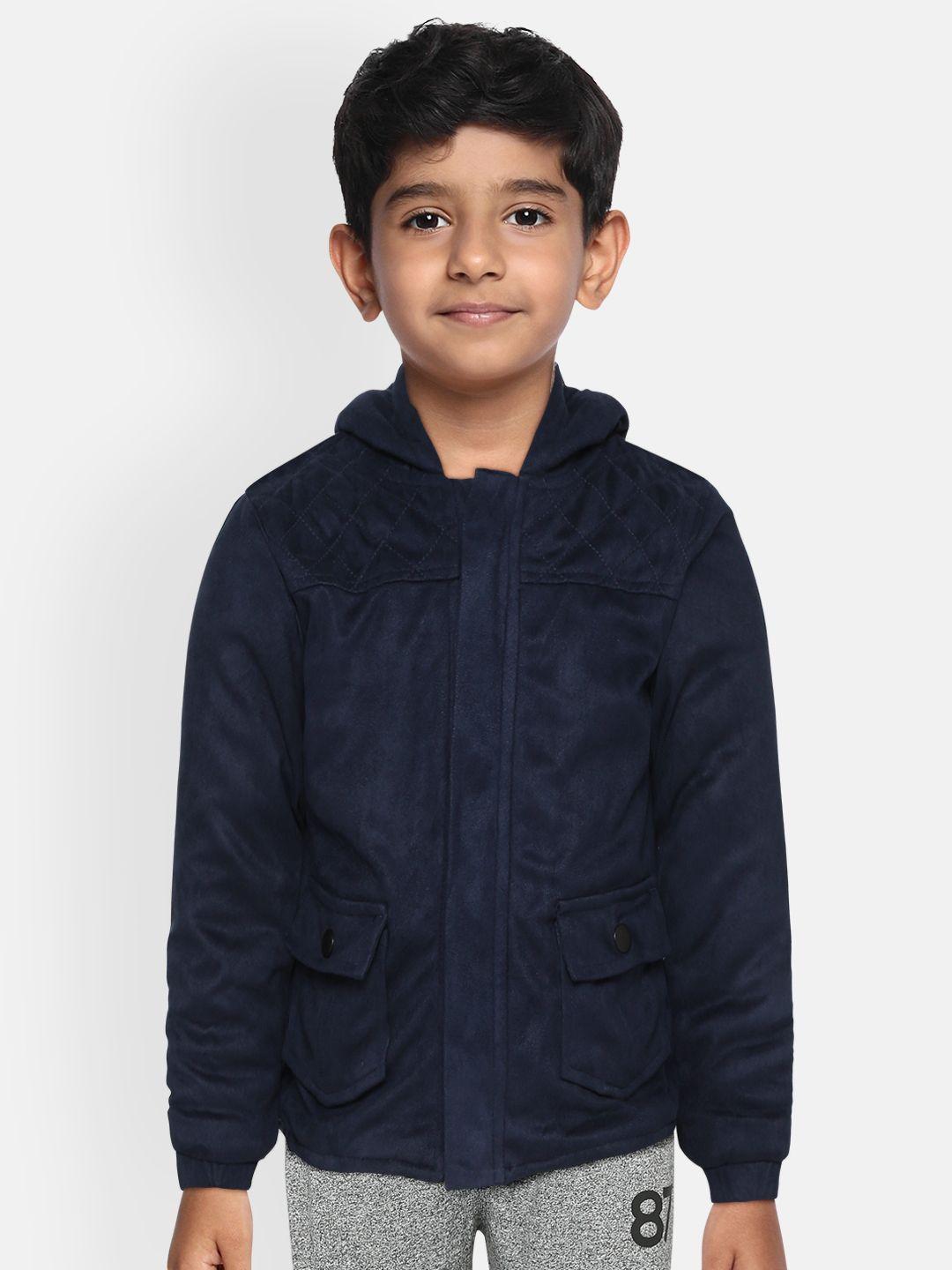 gini and jony boys navy blue solid suede finish hooded jacket