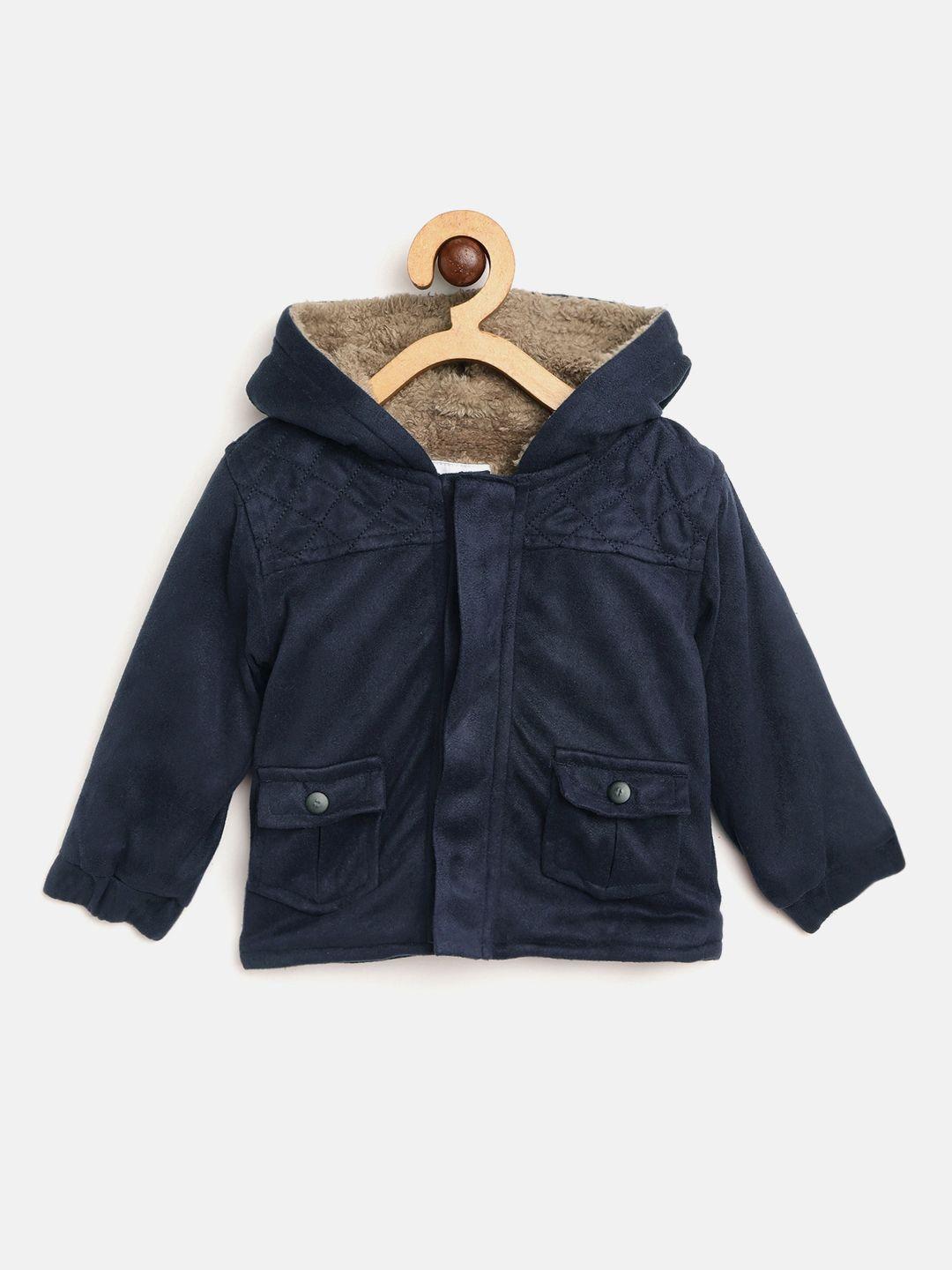 gini and jony boys navy blue solid suede finish hooded tailored jacket