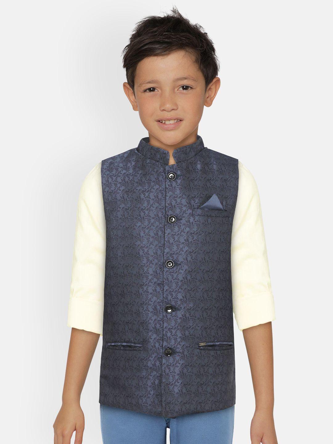 gini and jony boys navy blue woven design nehru jacket