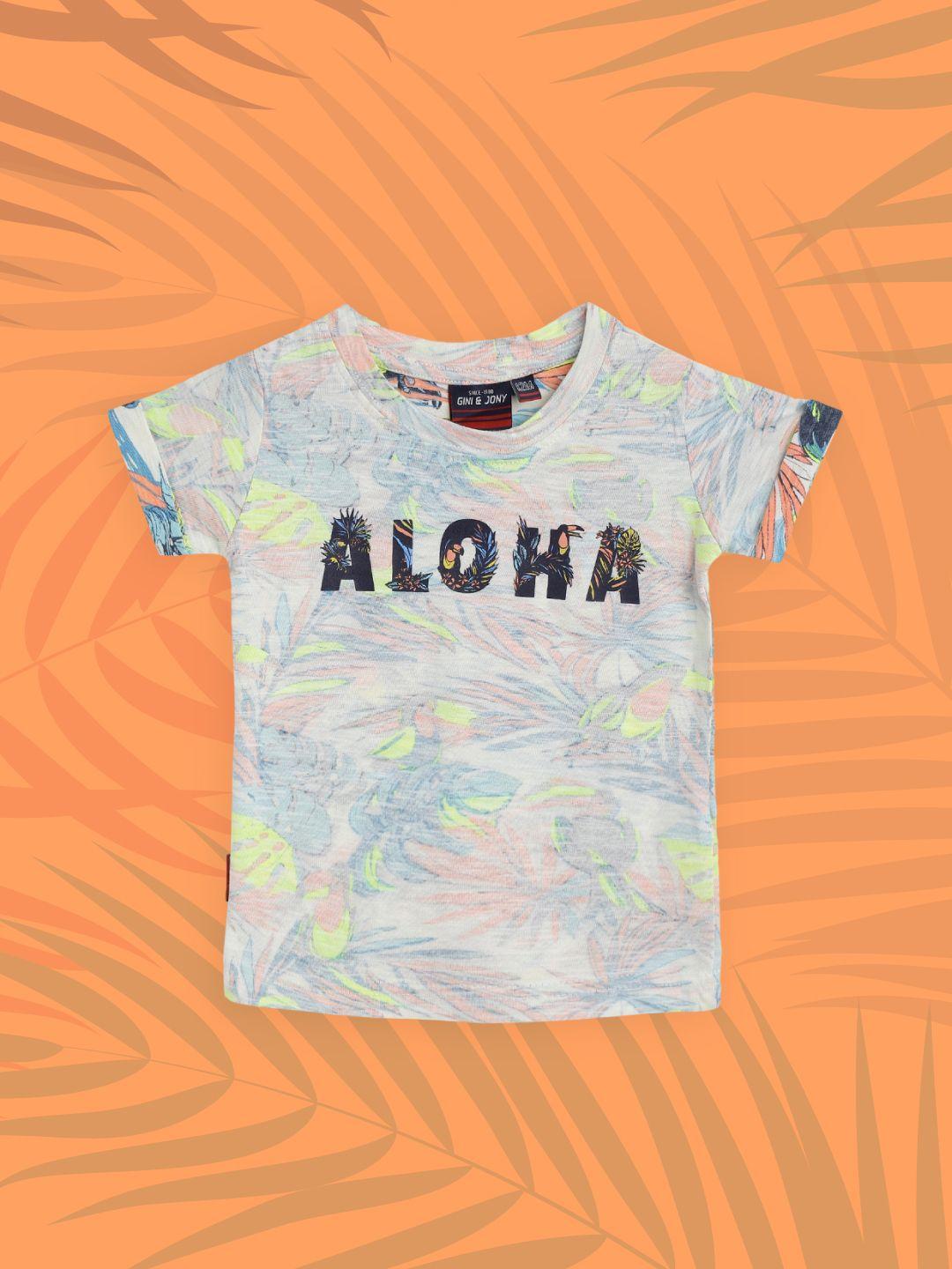 gini and jony boys off white & navy blue pure cotton tropical print t-shirt