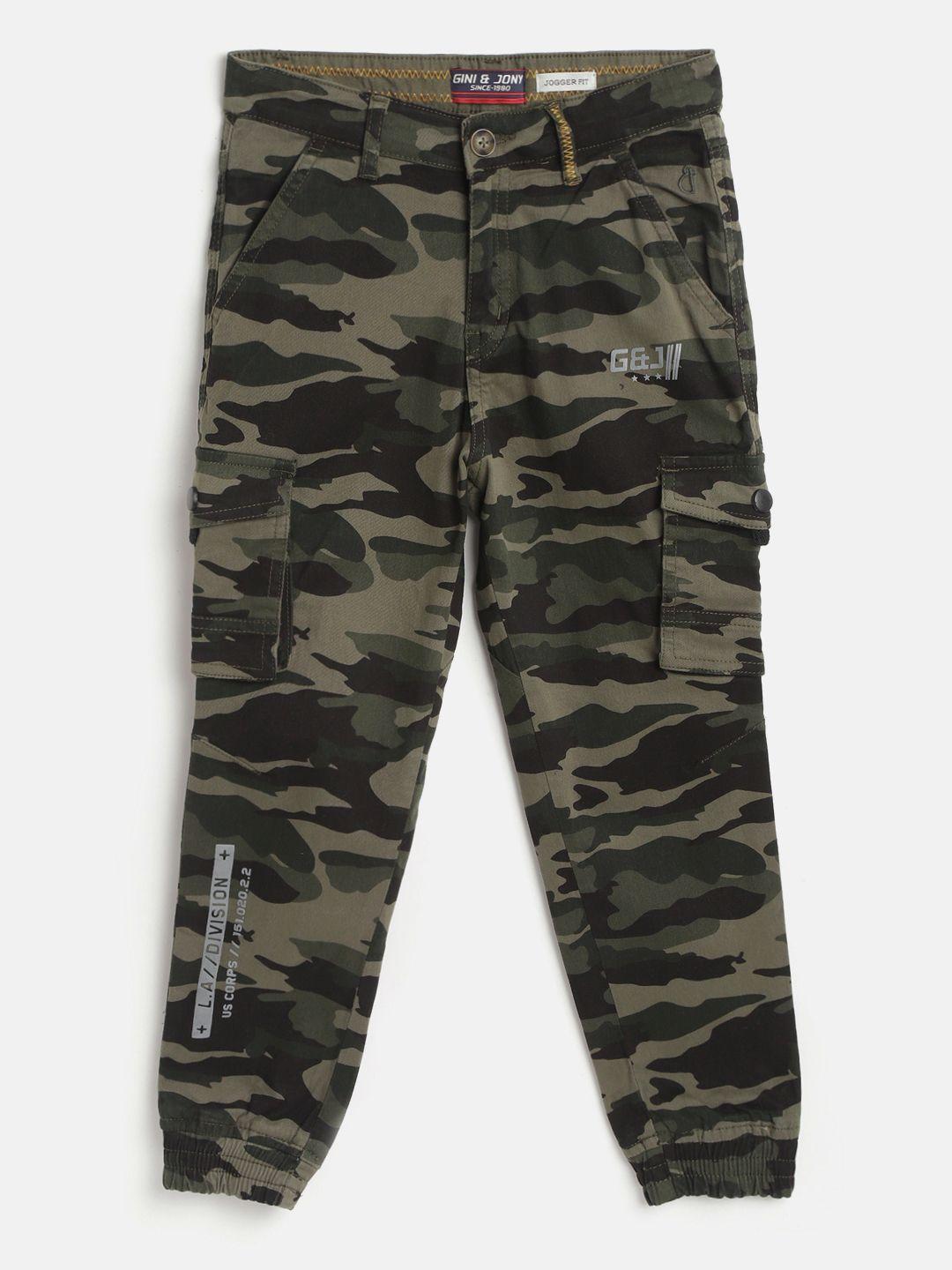 gini and jony boys olive green & black camouflage print cargo joggers