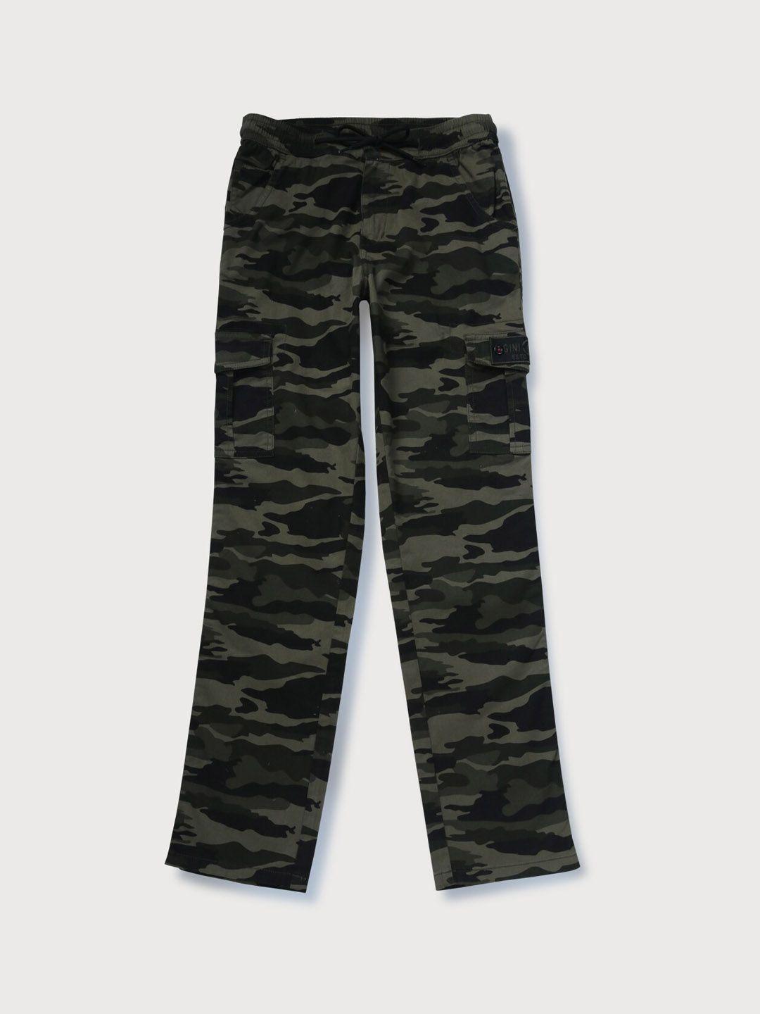 gini and jony boys olive green camouflage printed cargos trousers