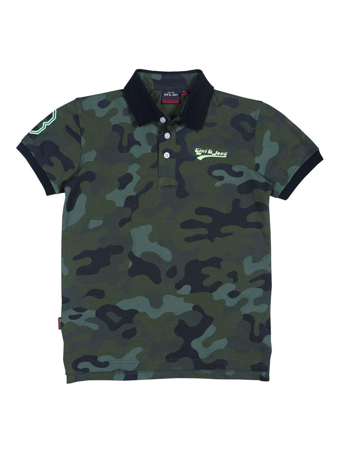 gini and jony boys olive green camouflage printed polo collar t-shirt