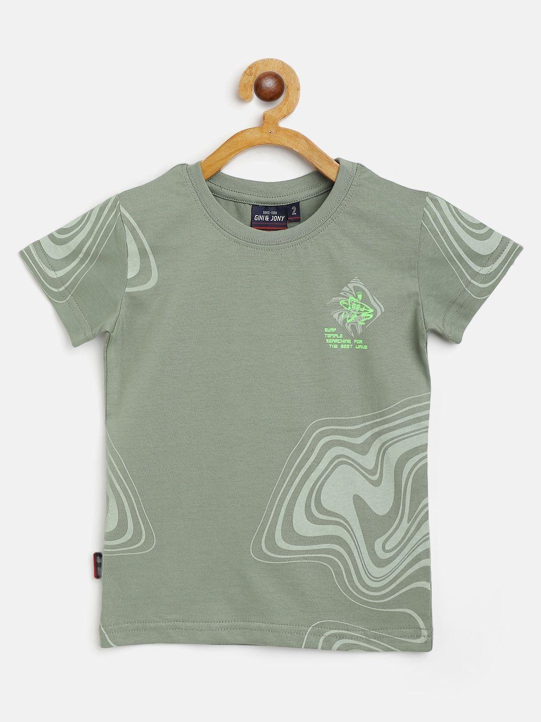 gini and jony boys olive green pure cotton abstract print t-shirt