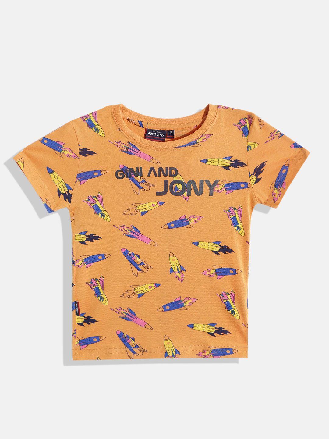 gini and jony boys orange & blue pure cotton brand logo printed t-shirt