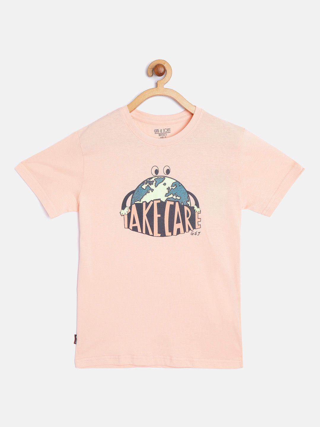gini and jony boys peach-coloured & blue cotton typography print t-shirt