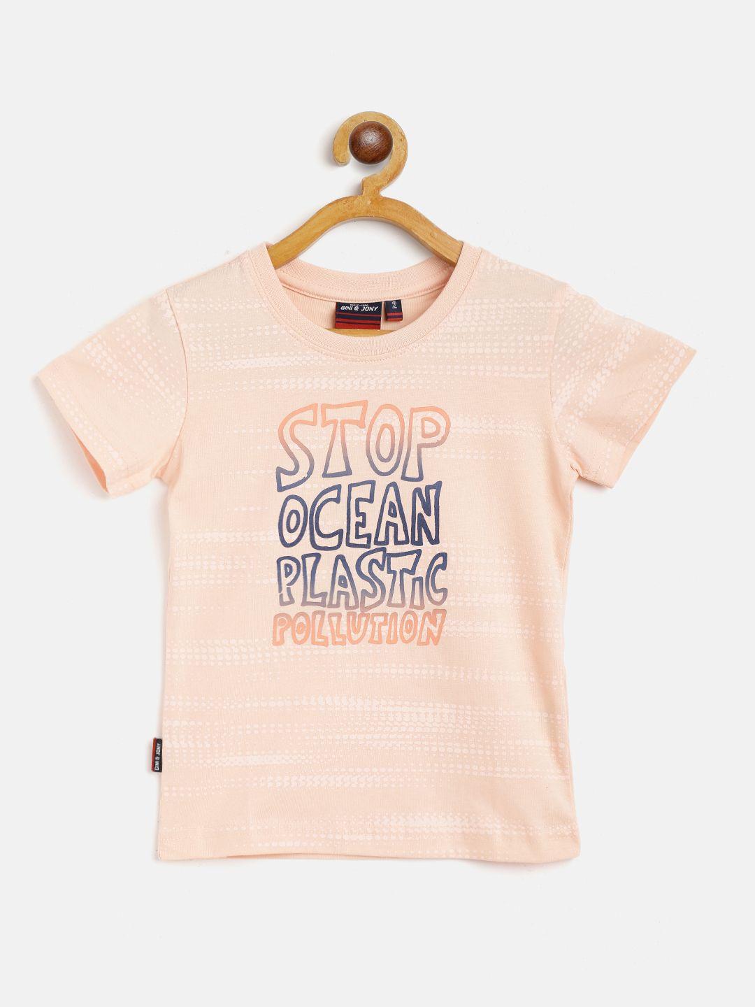 gini and jony boys peach-coloured & blue cotton typography printed t-shirt