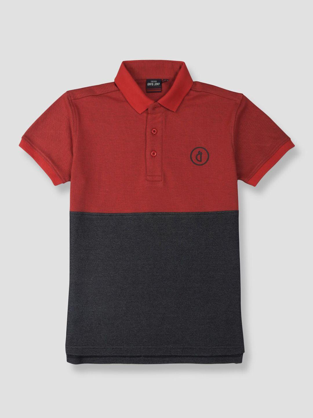 gini and jony boys red & black colourblocked polo collar cotton t-shirt