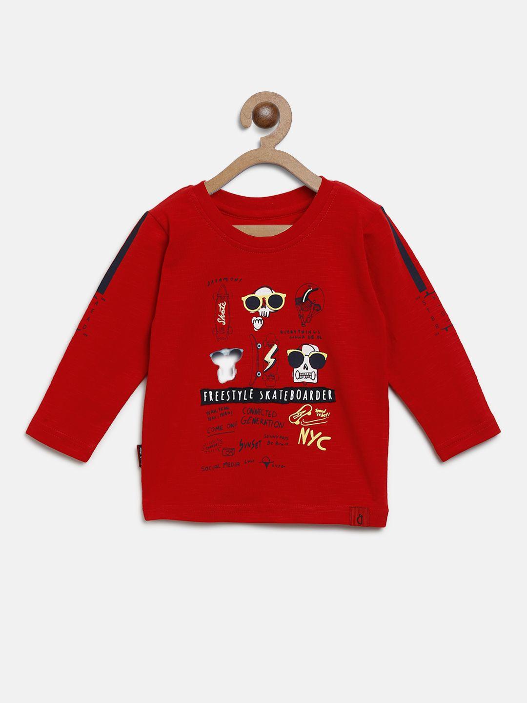 gini and jony boys red & black printed round neck t-shirt