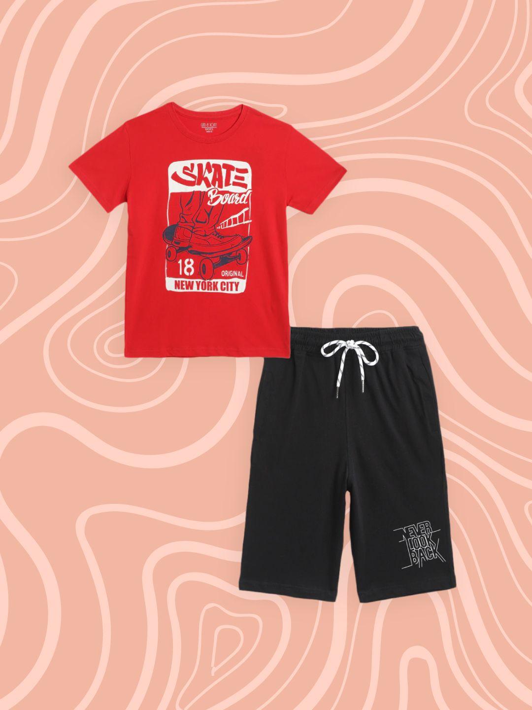 gini and jony boys red & black pure cotton printed t-shirt with shorts