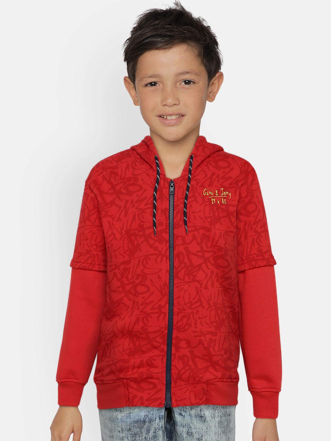 gini and jony boys red printed hooded open front jacket