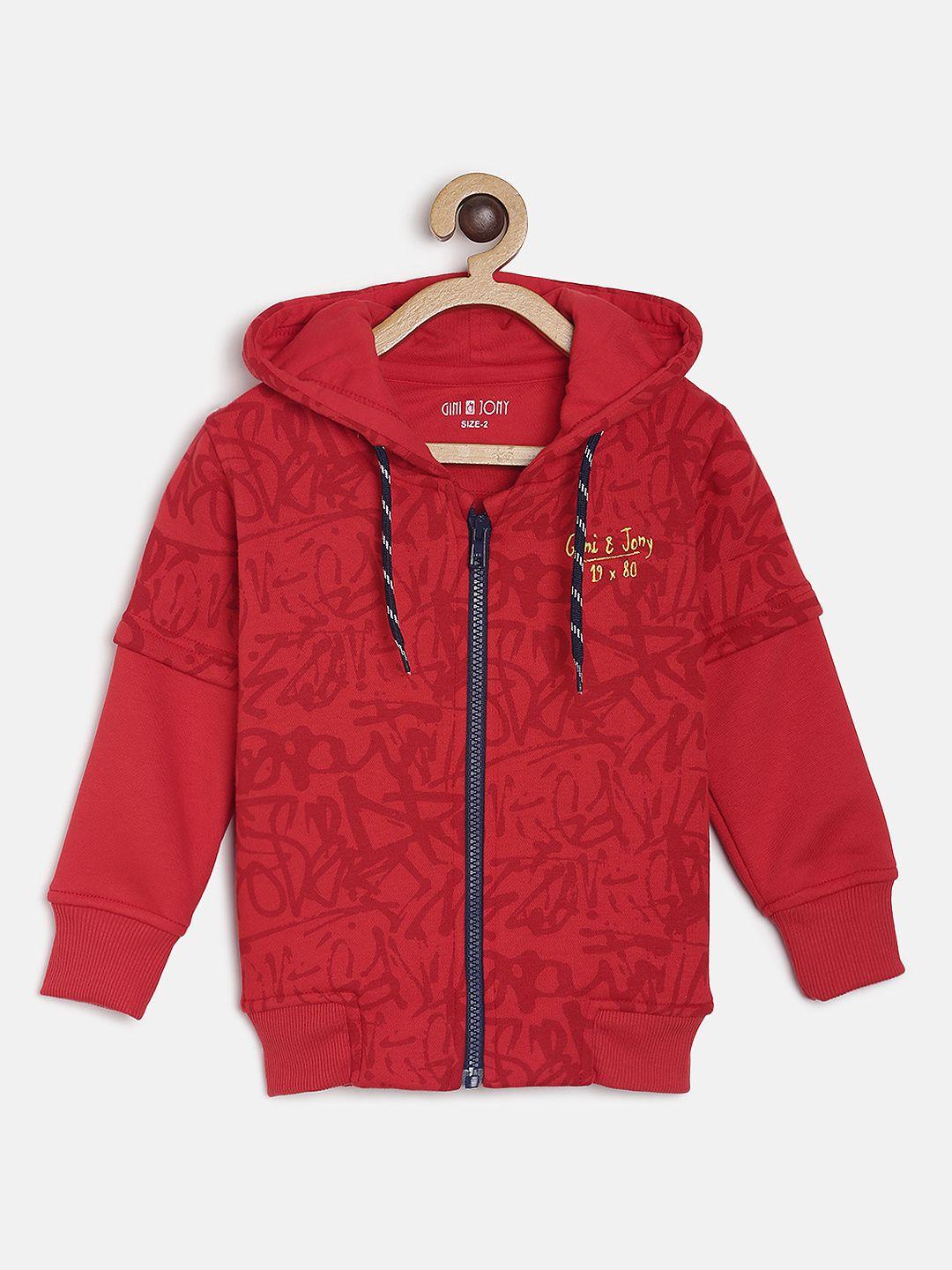 gini and jony boys red printed hooded sweatshirt