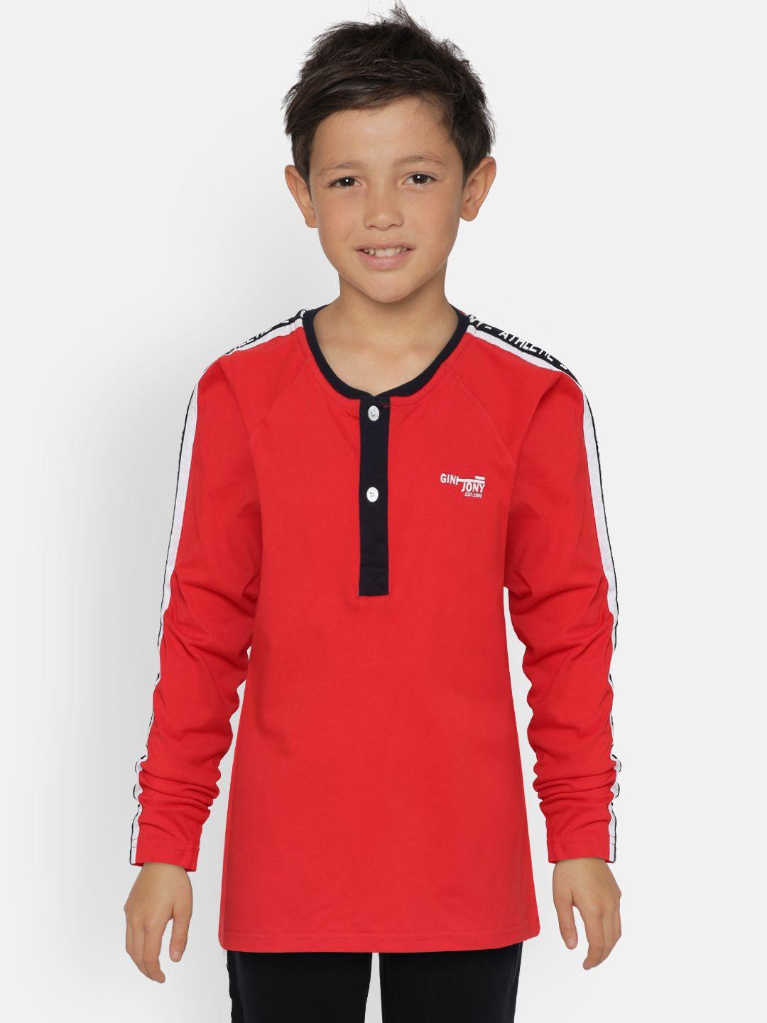 gini and jony boys red solid henley neck pure cotton t-shirt