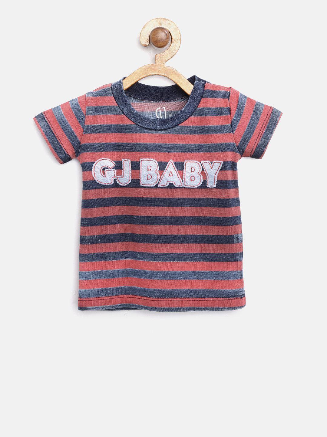 gini and jony boys rust red & navy striped round neck t-shirt