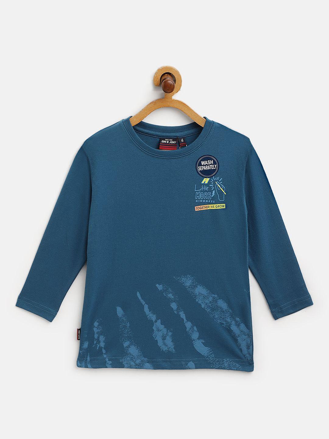 gini and jony boys teal blue cotton abstract printed t-shirt