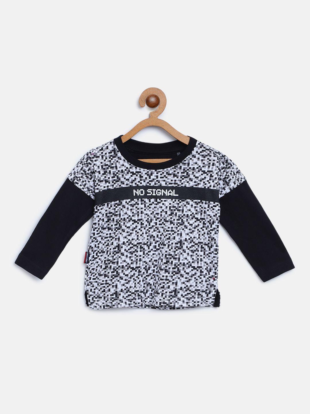 gini and jony boys white & black printed round neck t-shirt