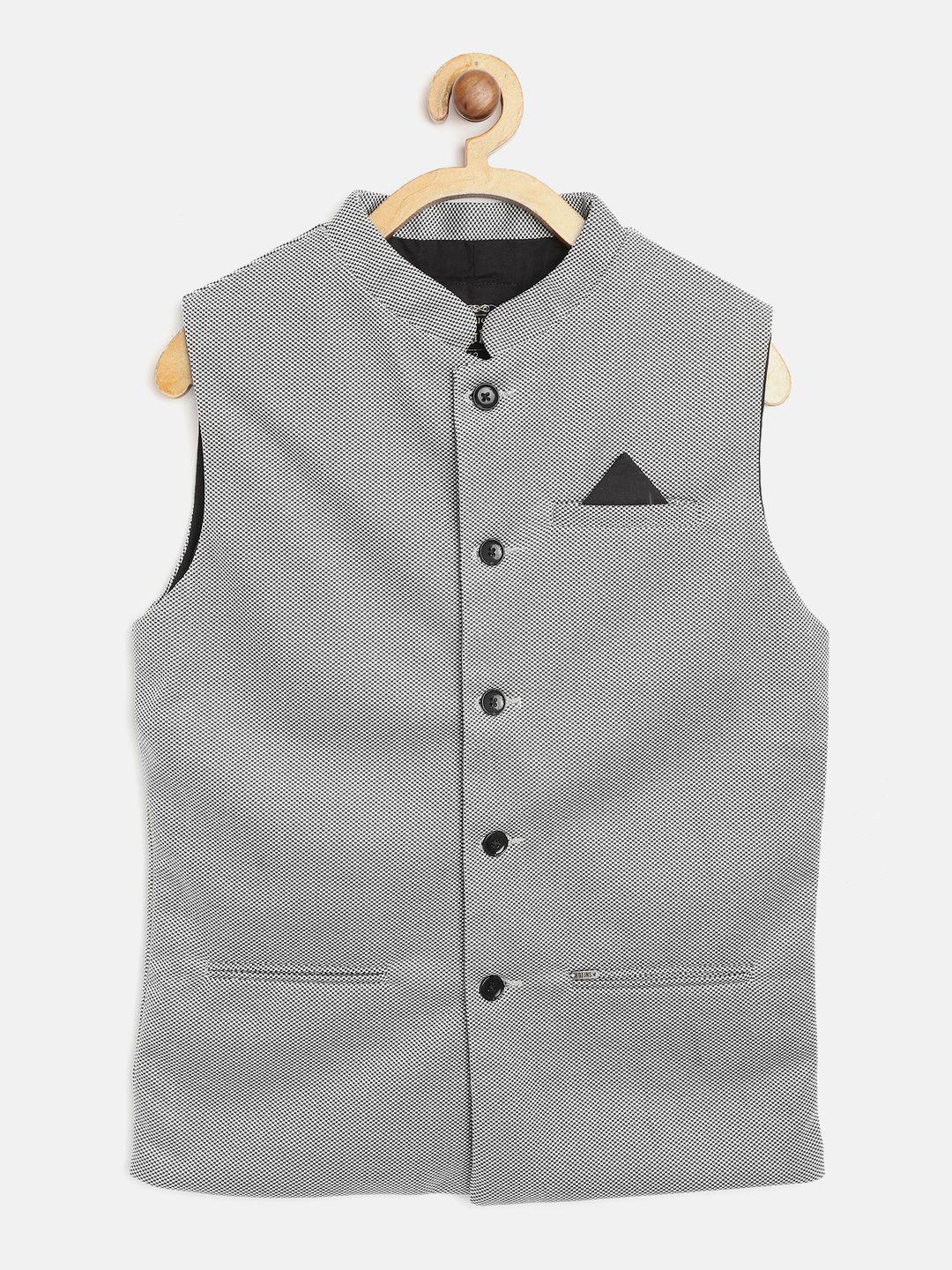 gini and jony boys white & black woven design nehru jacket