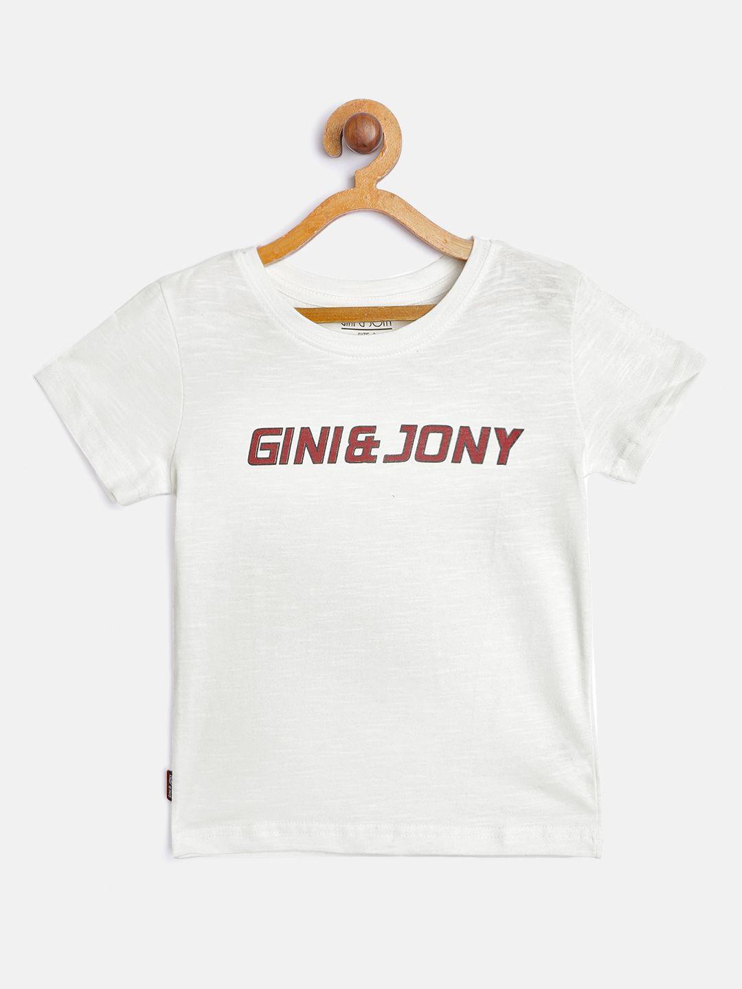 gini and jony boys white & red cotton brand logo printed t-shirt