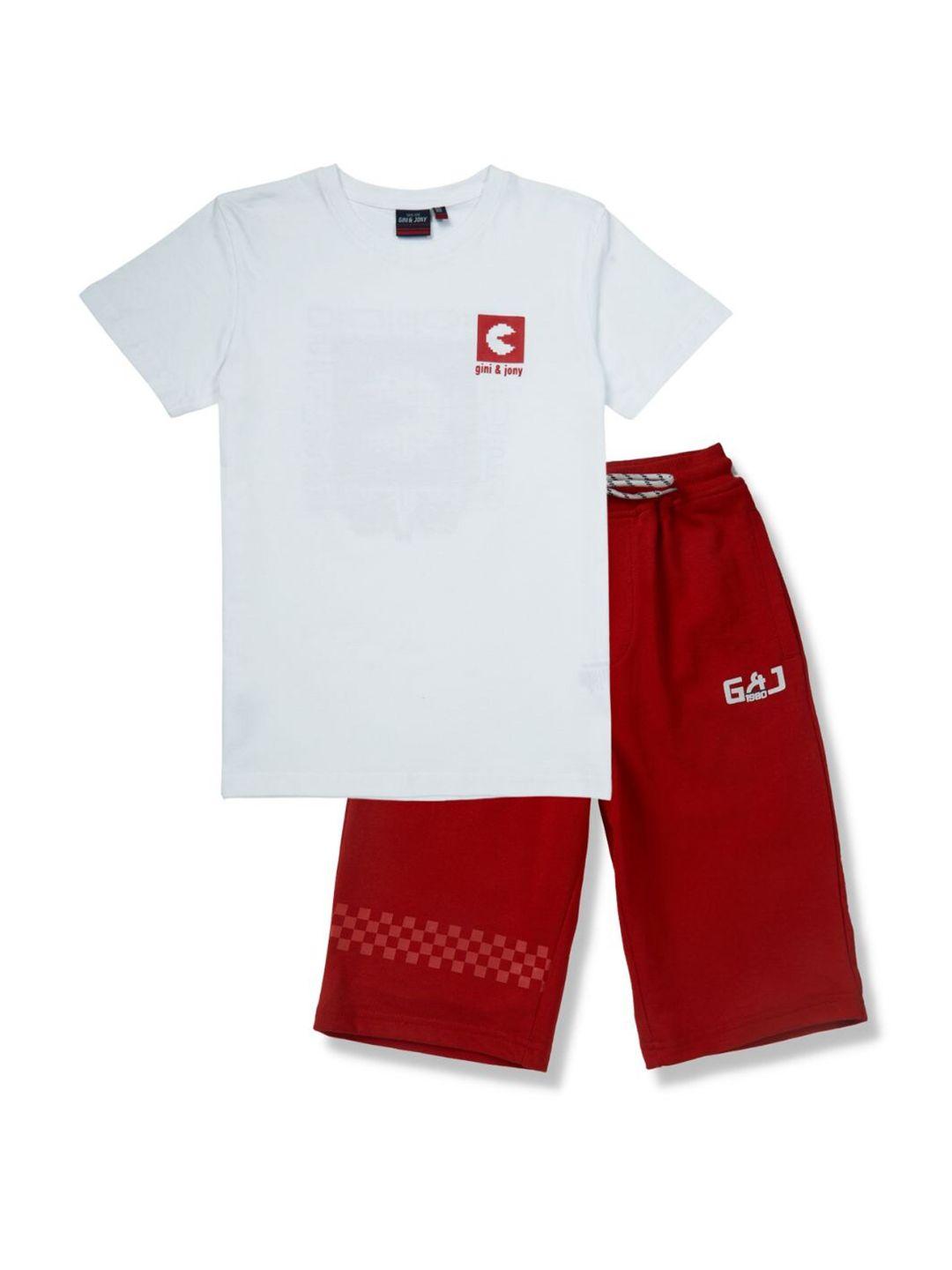 gini and jony boys white & red printed t-shirt with shorts