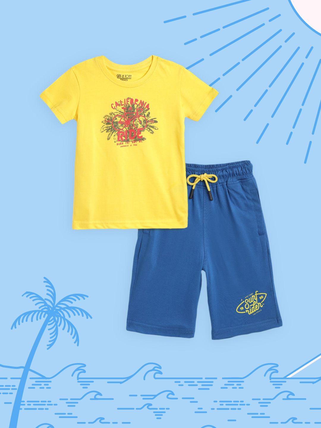gini and jony boys yellow & blue pure cotton printed t-shirt with shorts