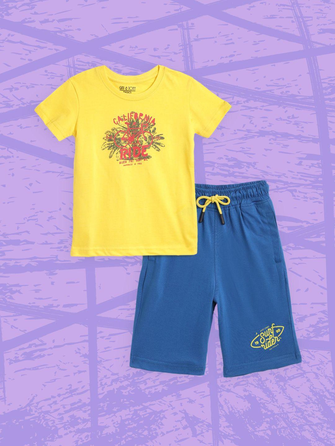 gini and jony boys yellow & blue pure cotton printed t-shirt with shorts