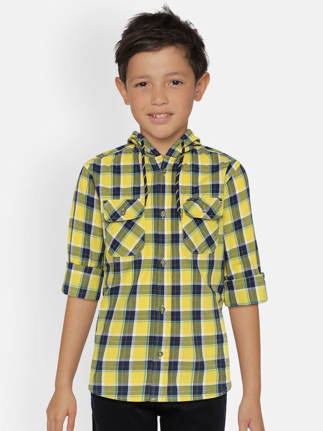 gini and jony boys yellow & blue regular fit checked casual shirt