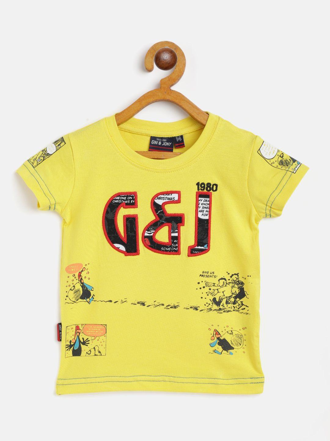 gini and jony boys yellow  red brand logo print cotton applique pure cotton t-shirt