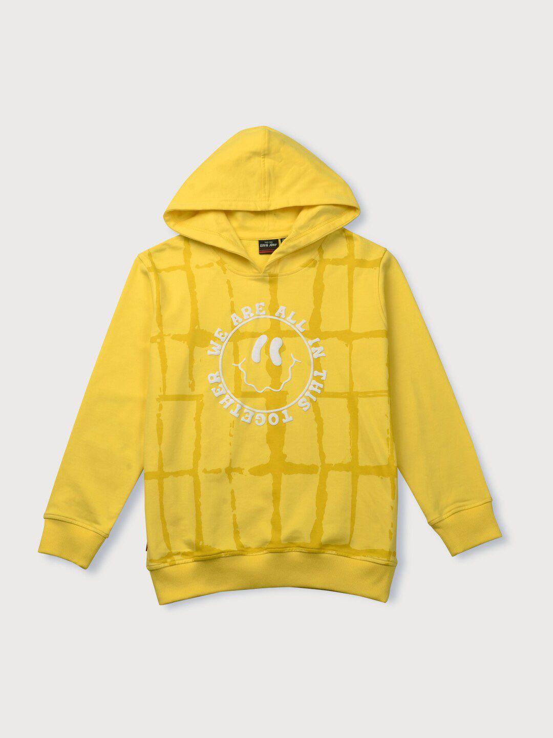 gini and jony boys yellow printed cotton hooded sweatshirt