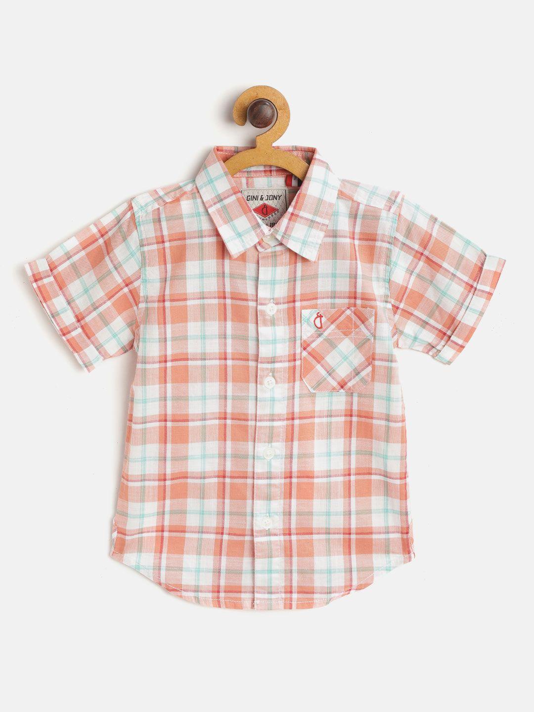 gini and jony infant boys coral orange & white cotton regular fit checked casual shirt