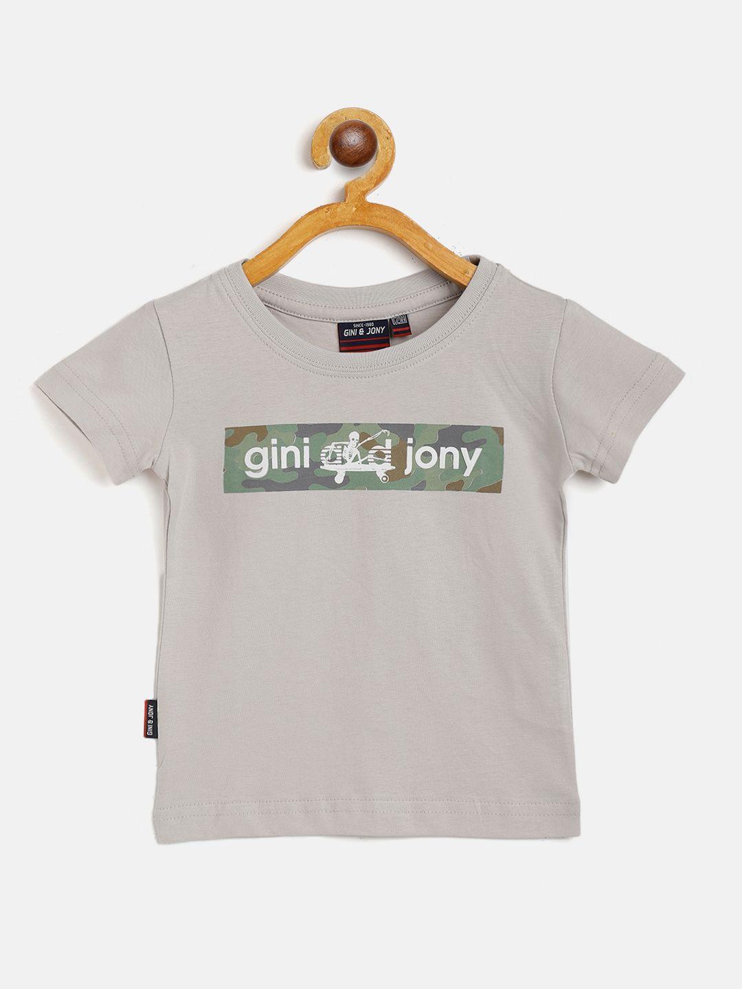 gini and jony infant boys grey & white brand logo printed cotton t-shirt