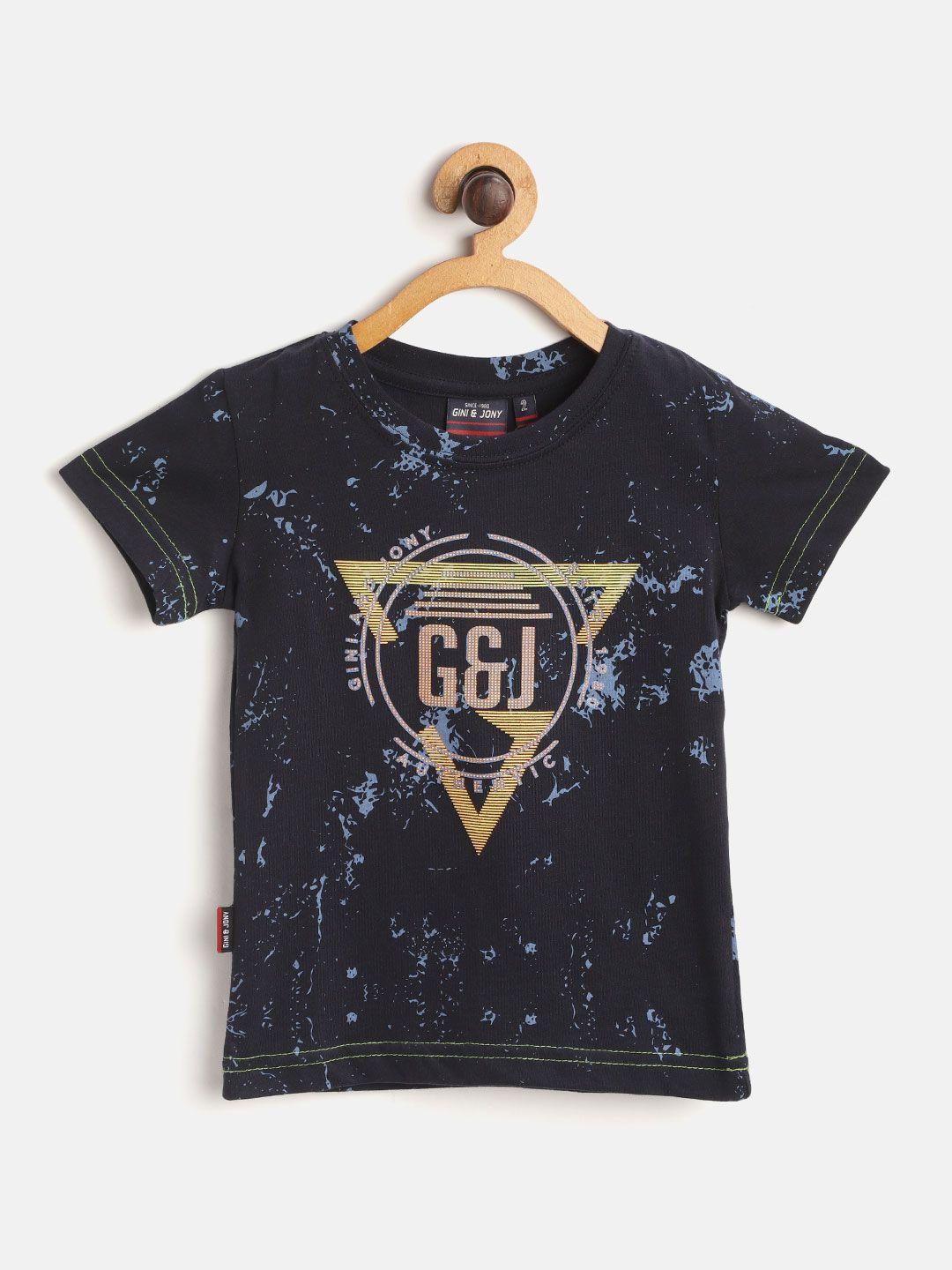 gini and jony infant boys navy blue & yellow abstract & brand logo print cotton t-shirt