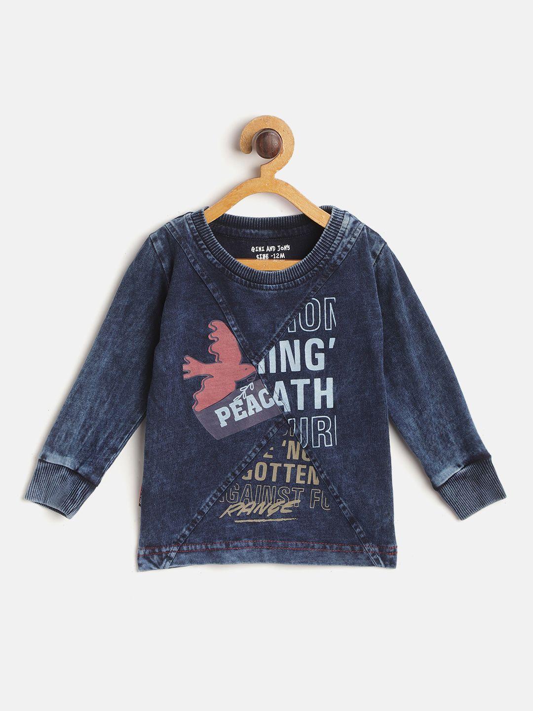 gini and jony infant boys navy blue typography print chambray pure cotton t-shirt
