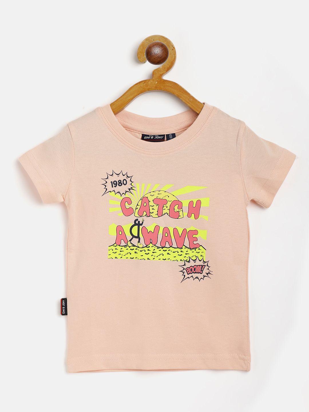 gini and jony infant boys peach-coloured  yellow slogan print pure cotton t-shirt