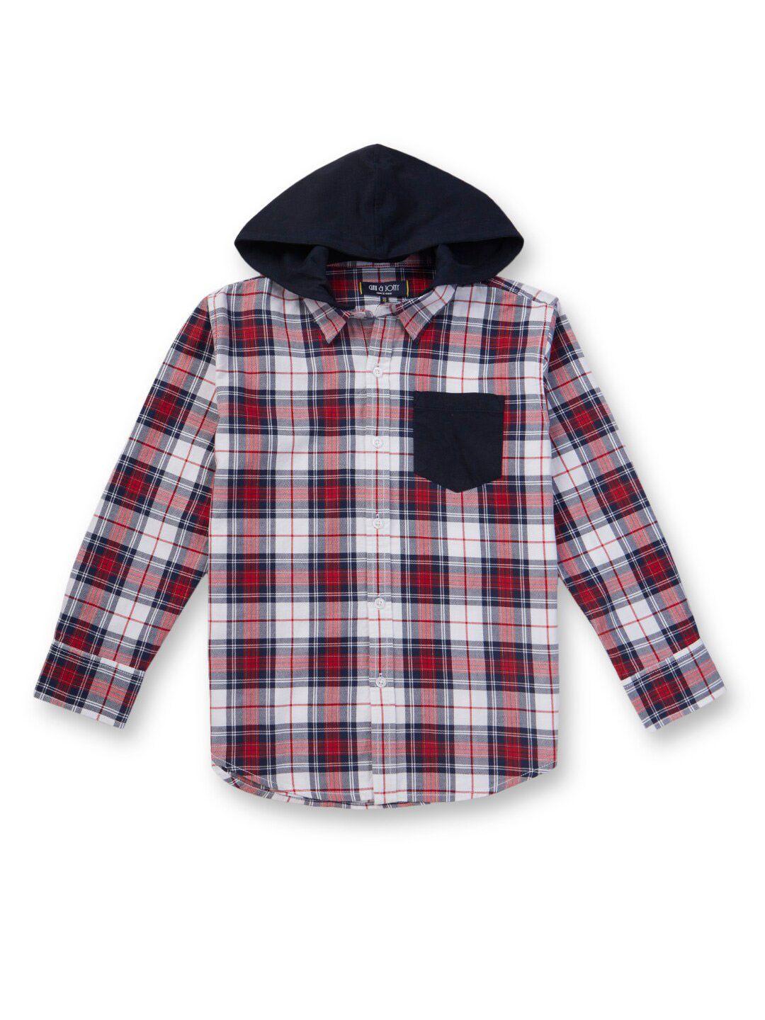 gini and jony infant boys tartan checked hooded opaque casual cotton shirt