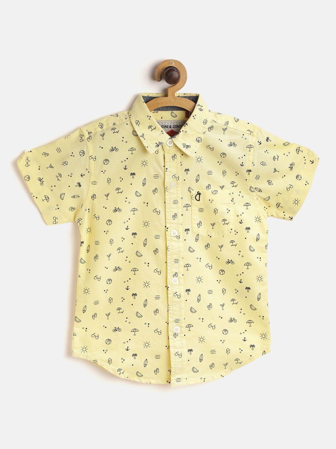 gini and jony infant boys yellow & black pure cotton printed regular fit casual shirt