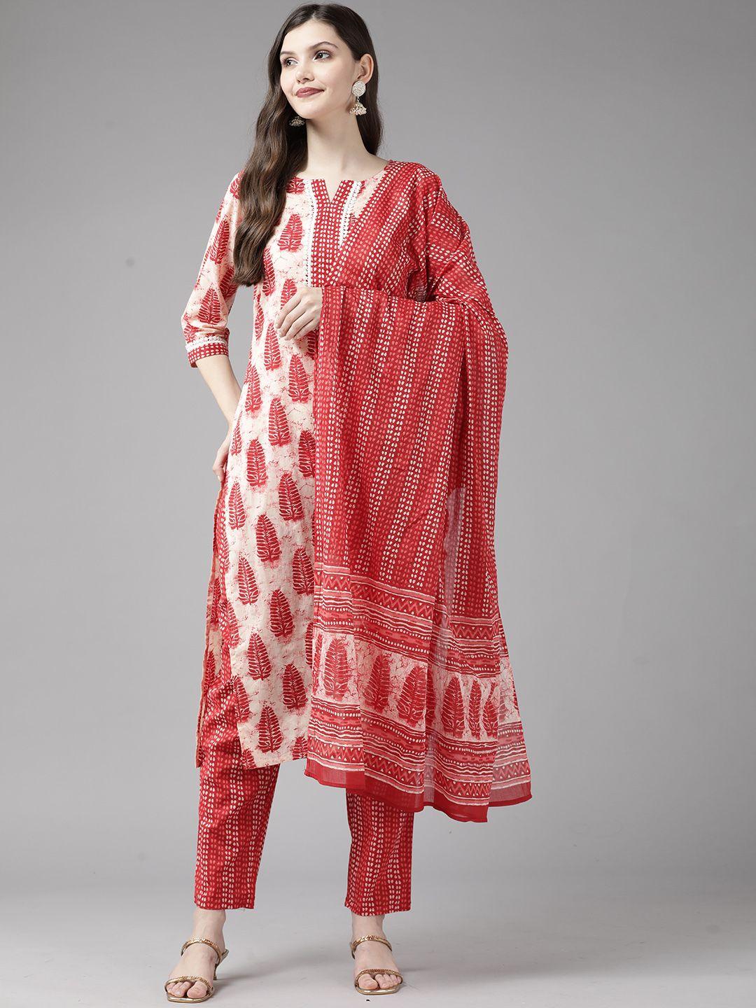 ginni arora label women white ethnic motifs printed pure cotton kurta with trousers & with dupatta